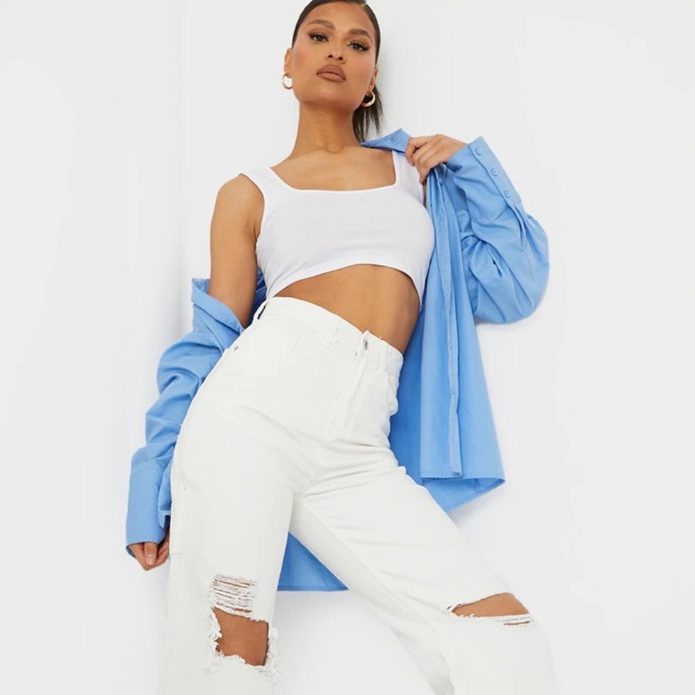 PrettyLittleThing White Cargo Ripped Y2K Baggy Jeans 6